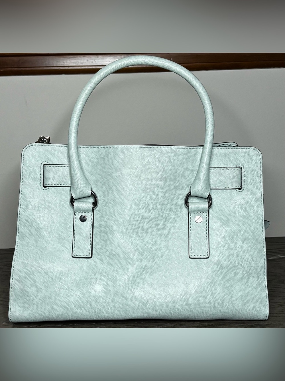 Michael Kors Hamilton Mint Green Saffiano Leather Satchel Tote Silver Lock Bag - Picture 12 of 16